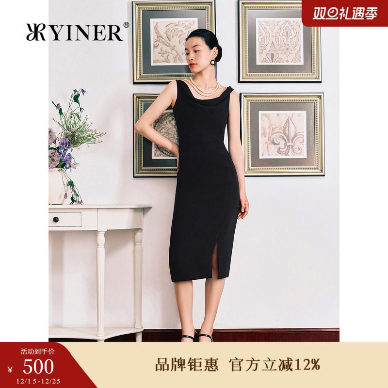 YINER音儿秋季双面斜纹法式吊带小黑裙收褶开衩连衣裙