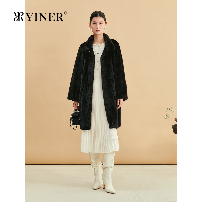 【新中式】YINER音儿专选女装冬季时尚水貂毛皮立领长款真皮皮草