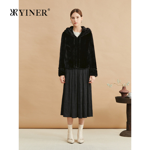 YINER音兒專選2024冬季 連帽水貂毛皮草外套 優(yōu)雅短款 新款