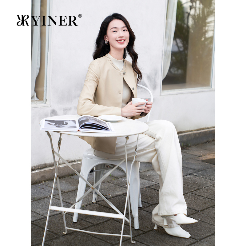 【优雅衣橱】YINER音儿专选新中式镂空领休闲真皮羊皮衣夹克外套