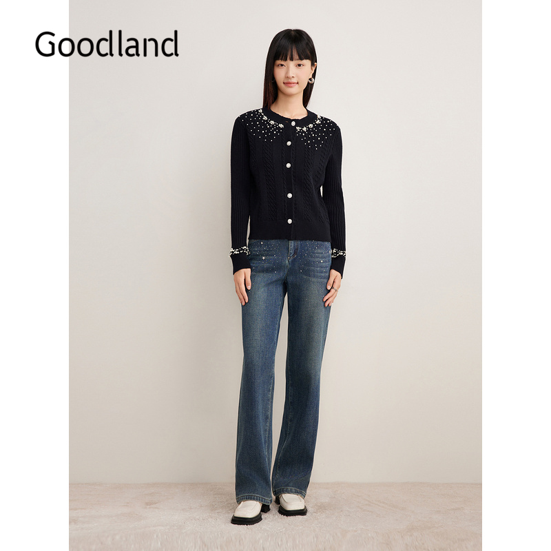 Goodland美地女装冬季时尚羊毛法式钉珠绞花肌理毛针织衫