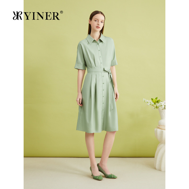 YINER音儿专选夏季法式优雅小清新系带收腰衬衫式连衣裙