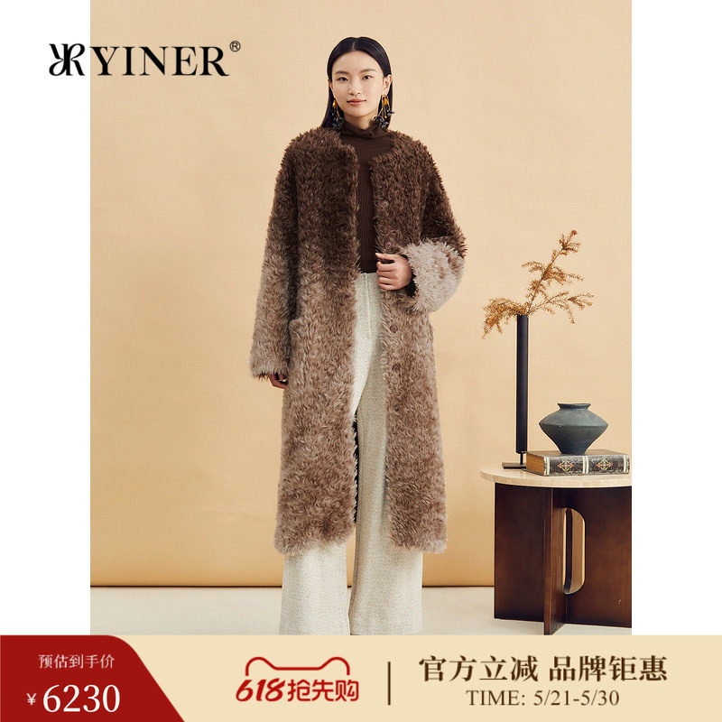 YINER音儿女装冬季时尚优雅长款渐变马海毛大衣环保羊毛皮草外套