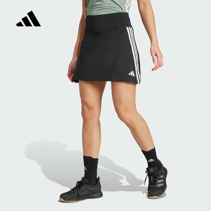 adidas阿迪达斯健身A字短裙2025秋女三条纹训练半身裙裤 JP1157
