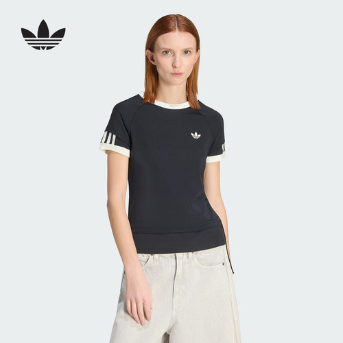 adidas阿迪达斯三叶草双层运动修身半截袖女三条纹短袖T恤 KW4528