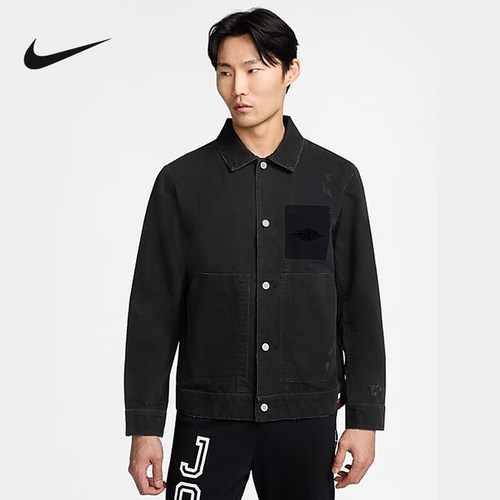 Jordan耐克外套男春新款黑色牛仔服做旧复古排扣夹克IB3002-010