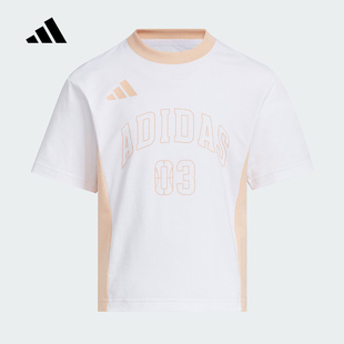 adidas阿迪达斯学院风图案女小童T恤2025夏凉感短袖 KC1544 上衣