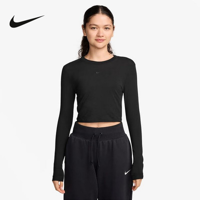 耐克女短款长袖上衣冬季新款打底衫黑色针织长袖T恤HF5323-010