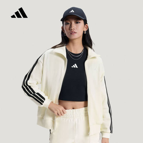 adidas阿迪达斯提花三条纹拉链棉质外套2026春女针织夹克 KS2817