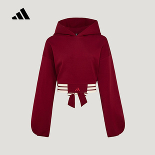 adidas阿迪达斯三条纹双层连帽套头衫2026春女短款红色卫衣KX4643