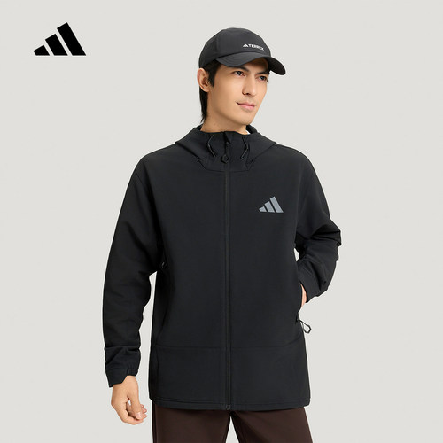 adidas阿迪达斯户外拒水软壳连帽夹克2026春男徒步梭织外套KD9409