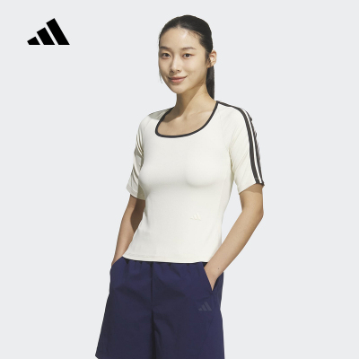 adidas阿迪达斯半袖夏女运动休闲修身三条纹露背短袖T恤 KV9224