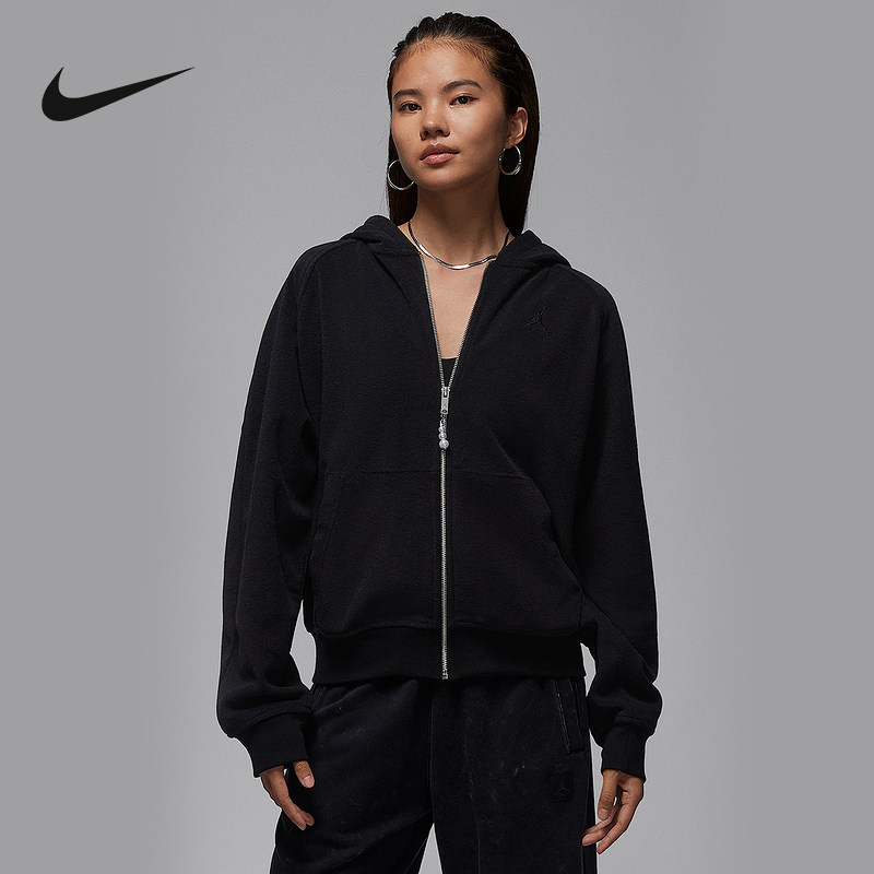 Jordan耐克女子加绒全长拉链开襟连帽衫冬新款针织夹克HV0323-010