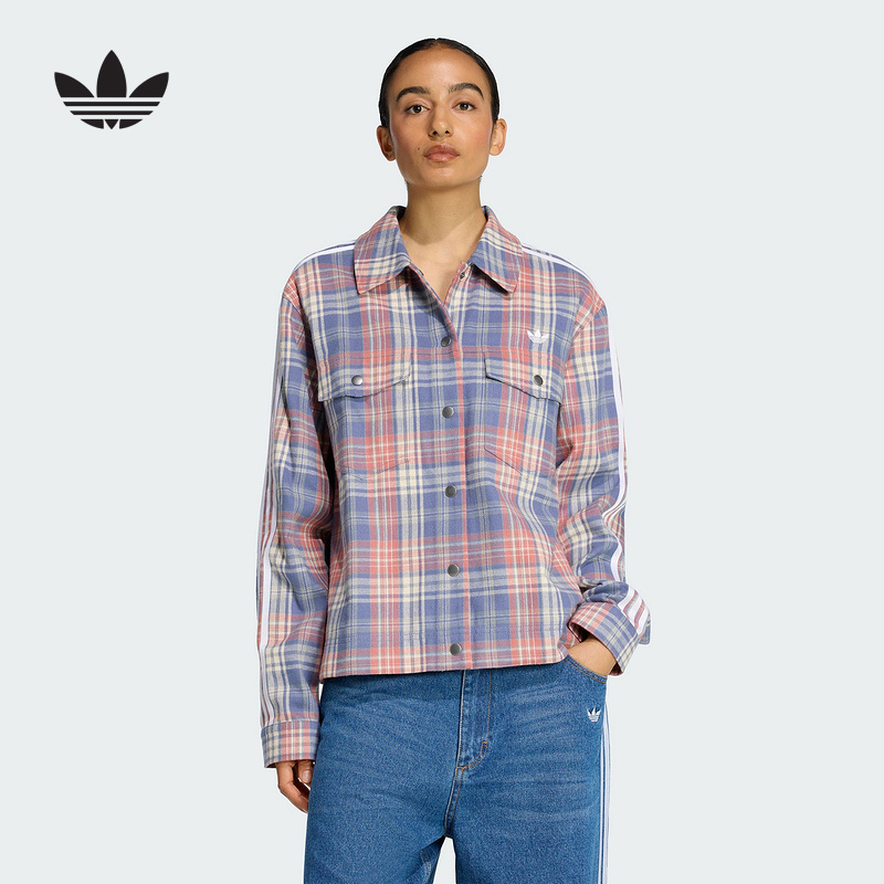 adidas阿迪达斯三叶草格纹美式印花外套2025冬女长袖衬衫 KC6277