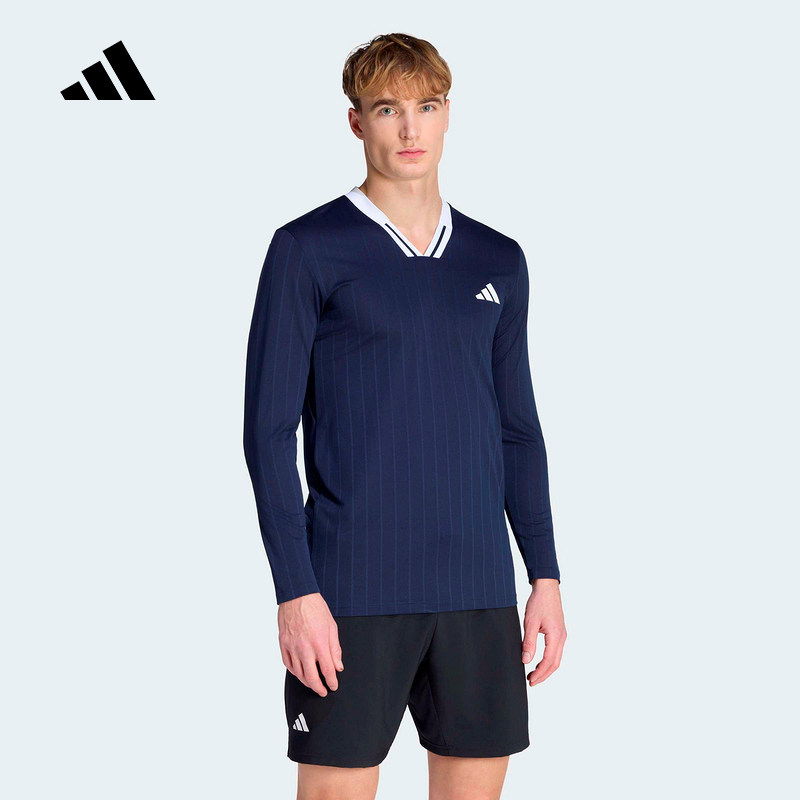 adidas阿迪达斯速干网眼透气细条纹修身网球运动服长袖T恤 KE8971