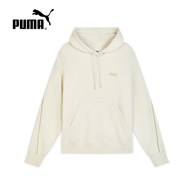 PUMA彪马加绒保暖连帽卫衣2025秋女金色线条针织套头衫 692908-87