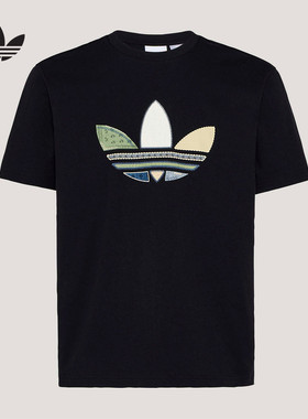 adidas阿迪达斯三叶草纹理感三条纹拼接式LOGO半袖短袖T恤 KW5671