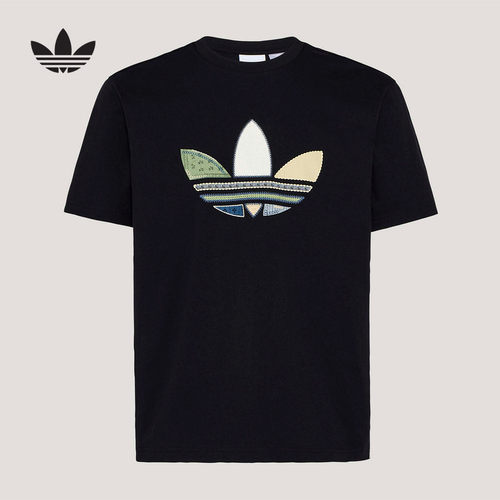 adidas阿迪达斯三叶草纹理感三条纹拼接式LOGO半袖短袖T恤 KW5671
