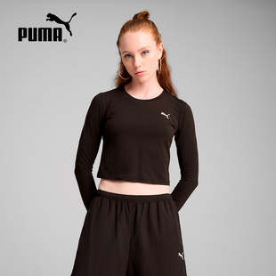 PUMA彪马修身短款显腰线上衣2025秋女黑色简约长袖T恤 629761-02