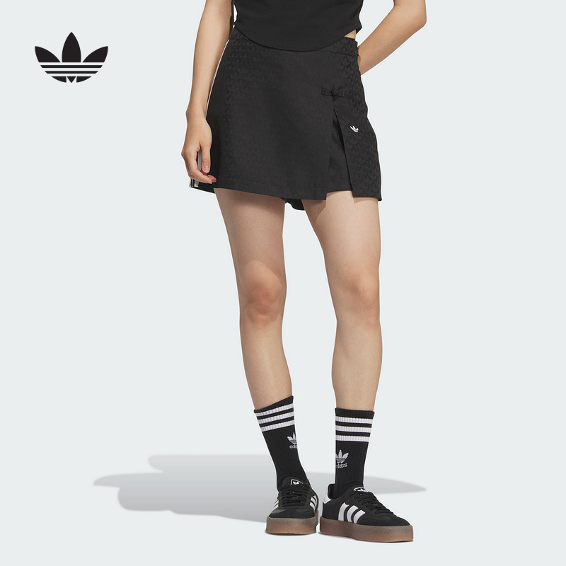 adidas阿迪达斯三叶草新中式满印LOGO裙裤2025秋女针织短裤KC5842