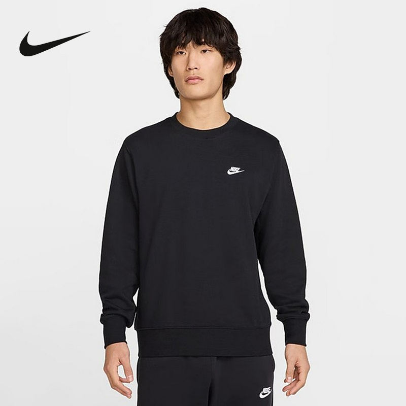 nike耐克男子针织毛圈经典刺绣小标黑色套头衫圆领卫衣FN3889-010