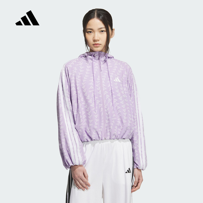 adidas阿迪达斯拒水满印花苞袖口连帽外套2025秋女梭织夹克KB7761