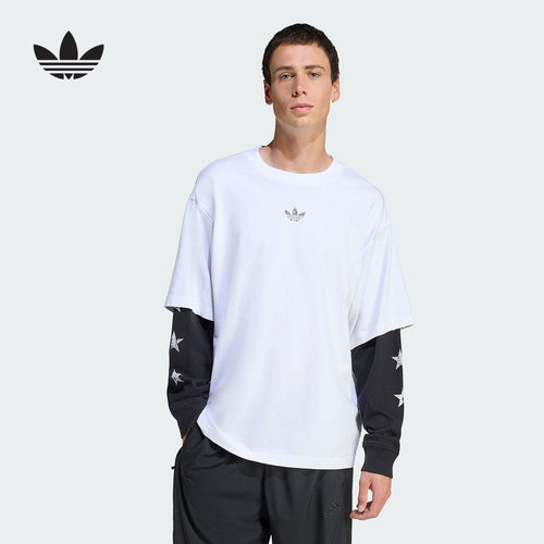 adidas阿迪达斯三叶草假两件双层设计上衣2025秋男长袖T恤 KF1868