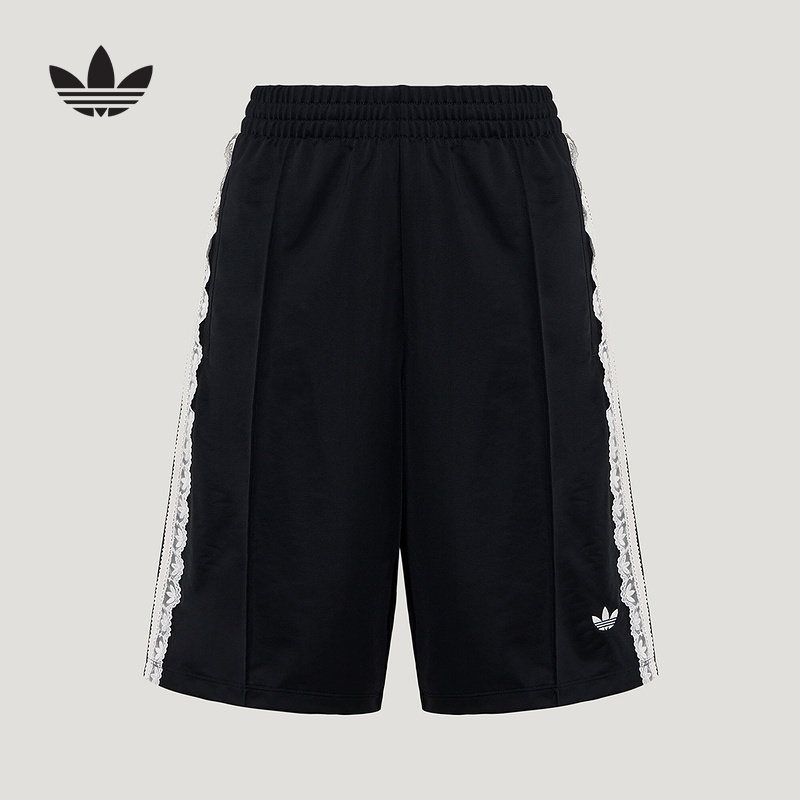 adidas阿迪达斯三叶草蕾丝边三条纹五分裤中裤夏女针织短裤KU4754