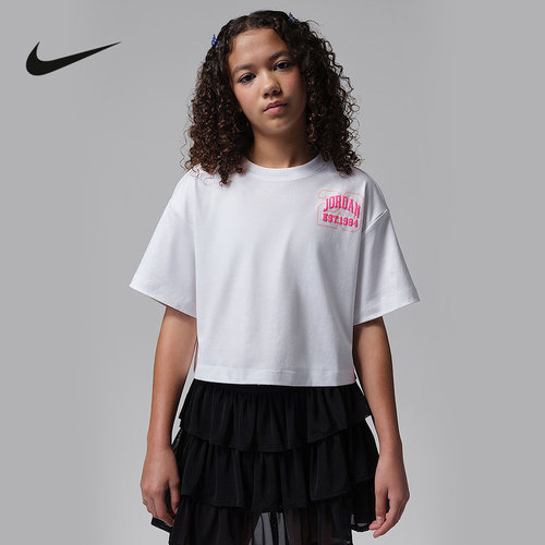 NIKE耐克女大童学院风T恤夏季新款女童针织短款JORDAN IW2210-100