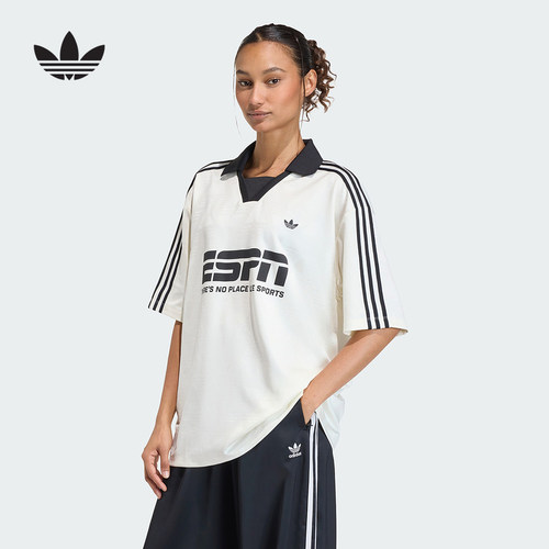 adidas阿迪达斯三叶草足球风复古运动V领短袖2026夏女球衣 KD2966