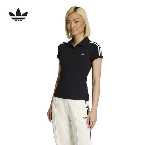 adidas阿迪达斯三叶草黑色修身T恤2026夏女短袖翻领POLO衫 KD7974