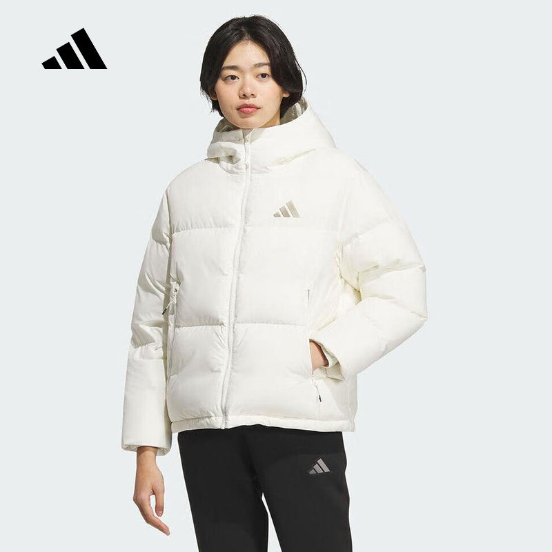 adidas阿迪达斯白色连帽加厚鸭绒羽绒服2025冬女短面包服 KC5947