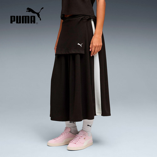 PUMA彪马长裙夏女子撞色复古优雅运动休闲T7中长百褶裙 639895-01