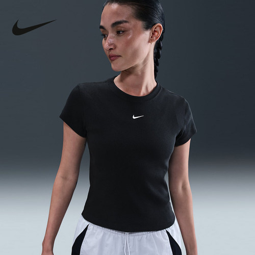 NIKE耐克女短袖26夏新款黑色罗纹修身短款圆领运动T恤HV4995-010