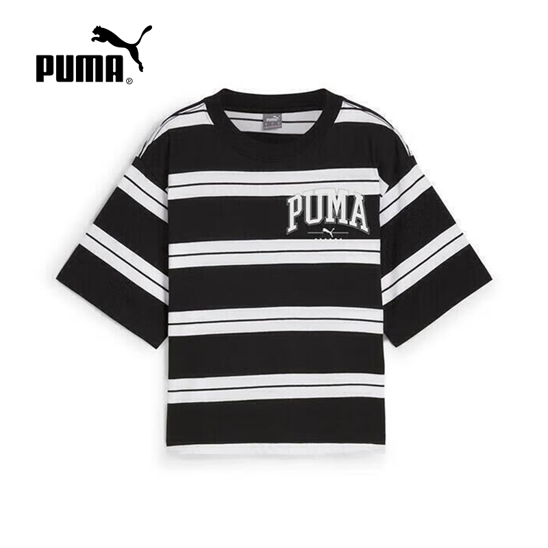 PUMA彪马黑白条纹撞色半截袖2025夏女子宽松短袖T恤 692983-01