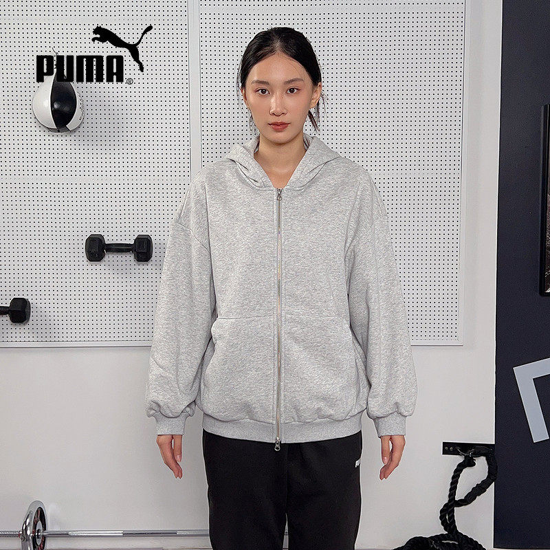 PUMA彪马双向拉链连帽夹克2025冬女简约灰色针织外套 636312-04