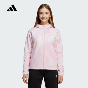 adidas阿迪达斯防风跑步健身粉色连帽外套春女大童梭织夹克KV4491