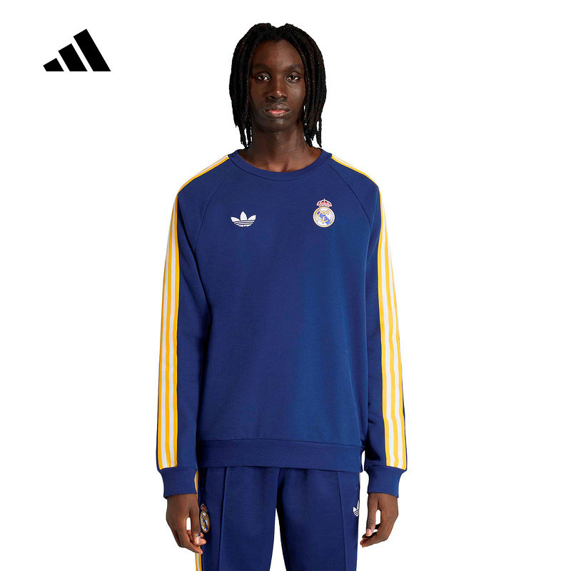 adidas阿迪达斯皇马足球文化套头衫2026春男三条纹圆领卫衣KE3847