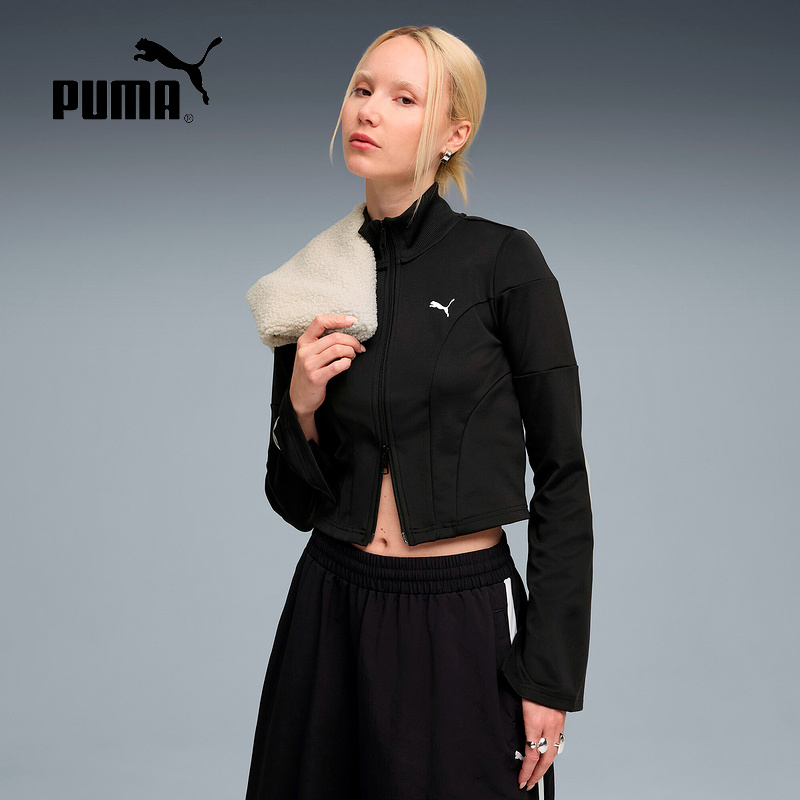 PUMA彪马休闲百搭夹克2025秋女黑色短款立领针织外套 633966-01
