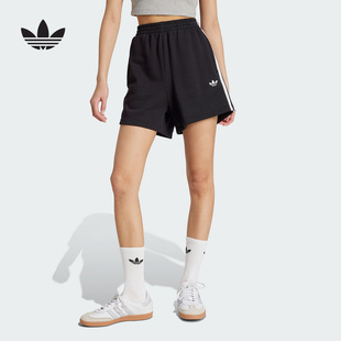 25夏女三条纹针织短裤 adidas阿迪达斯三叶草拉绳腰身五分裤 JW5109