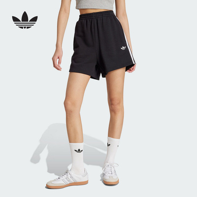 adidas阿迪达斯三叶草拉绳腰身五分裤25夏女三条纹针织短裤JW5109