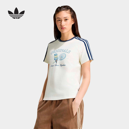 adidas阿迪达斯三叶草网球风印花半袖2026秋女宽松短袖T恤 KX6887