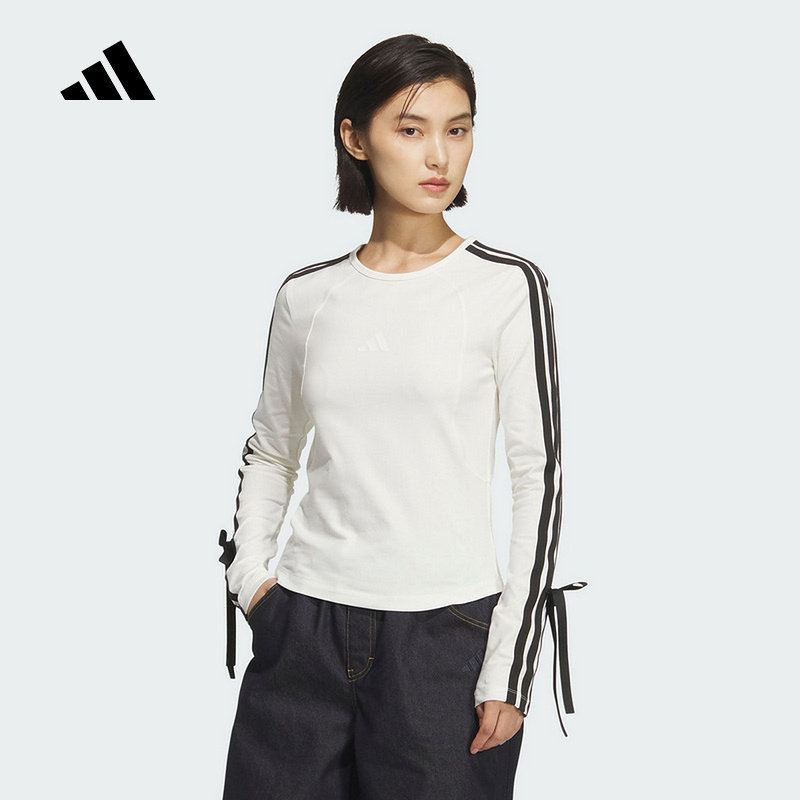 adidas阿迪达斯三条纹舞动系列上衣2025秋女蝴蝶结长袖T恤 KG3861图片