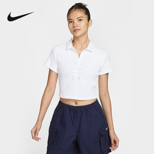NIKE耐克女短袖翻领POLO衫夏季蝴蝶结修身短款半袖T恤IM3393-100