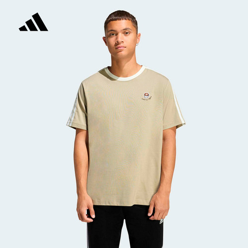 adidas阿迪达斯咖啡杯印花趣味半袖2026夏男三条纹短袖T恤 JZ5071