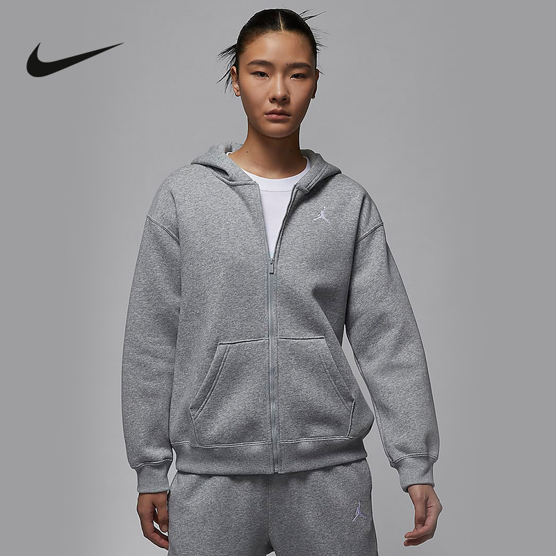 Jordan耐克加绒卫衣女连帽衫24冬新款宽松针织灰色外套FV7168-063