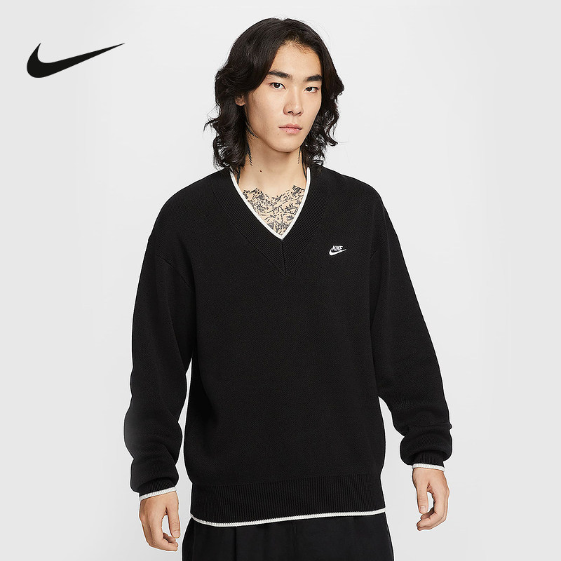 NIKE耐克男子宽松鸡心领毛衣冬季新款针织刺绣柔软舒适HV1420-010