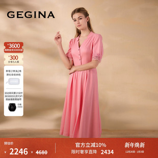 口中长款 V领粉红色连衣裙蕾丝袖 裙子女 新品 GEGINA吉吉娜早春季