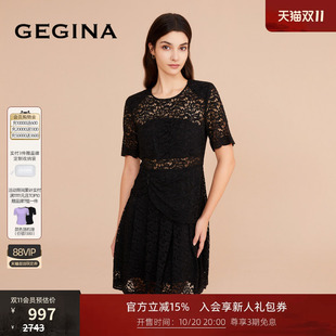 GEGINA吉吉娜女装蕾丝镂空连衣裙短袖时髦黑色气质裙子商场同款