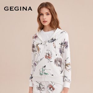 【棉】GEGINA吉吉娜女装长袖连帽印花短外套短款拉链卫衣商场同款